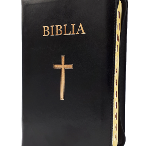 Biblia marime medie, piele ecologica, fermoar, margini aurii, index, simbol cruce, cuv. lui Isus cu rosu 