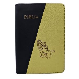 Biblie din piele, marime medie, culoare negru cu galben, fermoar, maini in rugaciune, margini albe,cuv. lui Isus cu rosu