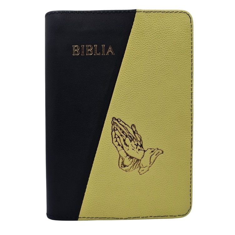 Biblie din piele, marime medie, culoare negru cu galben, fermoar, maini in rugaciune, margini albe,cuv. lui Isus cu rosu