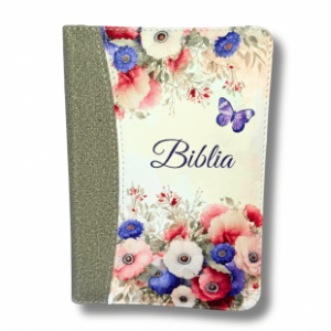 Biblie marime mica, din piele ecologica, model floral, culoare gri, fermoar, index, margini roz, cuv. Isus rosu