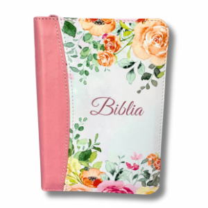 Biblie marime mica, din piele ecologica, model floral, culoare roz, fermoar, index, margini aurii, cuv. Isus rosu