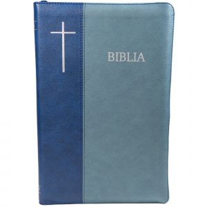 Biblia, Dumitru Cornilescu, piele ecologică, albastru, mare, fermoar,index