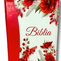 Biblie marime medie, piele ecologică, model floral rosie, fermoar, index, margini aurii, cuv. lui Isus cu rosu
