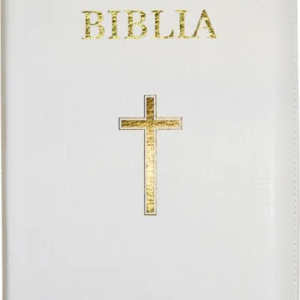 Biblie din piele alba, medie/mare cu fermoar, index, margini aurii, cu cruce