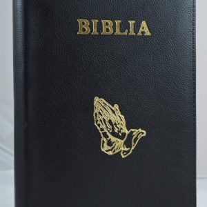 Biblia marime mare, coperta piele naturala, neagra, trimiteri, simbolul maini in rugaciune, cuvintele lui Isus cu rosu
