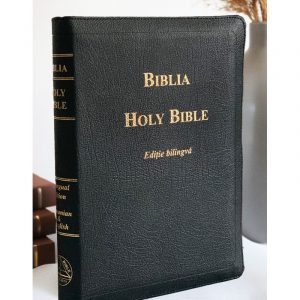 Biblia bilingva engleză-română, marime mare, piele ecologica, visinie, fermoar, index, margini aurii, cuv. lui Isus cu rosu