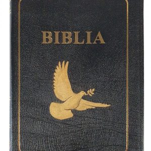 Biblia foarte mare, coperta piele, simbol porumbel, scris foarte mare, neagra, margini aurii, index, trad. Cornilescu, cuvintele lui Isus cu rosu.