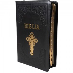 Biblie mare, piele, handmade, negru, index, margini aurii, simbol cruce, cuv. Isus cu rosu