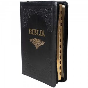 Biblie mare de lux, piele, handmade, neagră, index, margini aurii, cuv. Isus cu rosu 