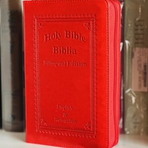 Biblia bilingva engleză-română, marime medie, piele ecologica, rosie, fermoar, index, margini aurii, cuv. lui Isus cu rosu