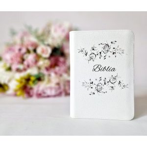 Biblia medie gravată - piele și fermoar - model floral - alb