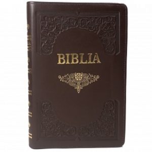 Biblie mare, piele, handmade, maro închis, index, margini aurii, cuv. Isus cu rosu