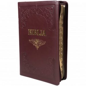 Biblie mare, piele, handmade, vișiniu, index, margini aurii, cuv. Isus cu rosu