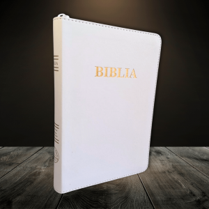 Biblia din piele, marime medie,albă, fermoar, index pe cotor, margini aurii, cuv. lui Isus in rosu
