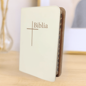 Biblia medie, piele, crem deschis, aurita, index, cuv. lui Isus cu rosu, simbol cruce in relief