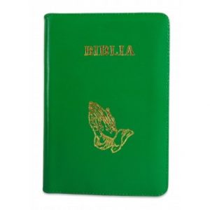 Biblie din piele, marime medie, culoare verde, simbol maini in rugaciune, fermoar, margini aurii, cuv. lui Isus cu rosu