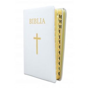 Biblia pentru amvon, foarte mare, piele, alba, aurita, index, materiale ajutatoare, cu cruce