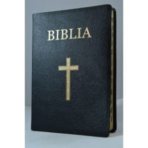 Biblia pentru amvon, foarte mare, piele, neagra, aurita, index, materiale ajutatoare, cu cruce