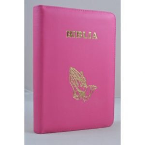 Biblie din piele, marime medie, roz bombon, simbol maini in rugaciune, fermoar, index, margini aurii, cuv. lui Isus cu rosu