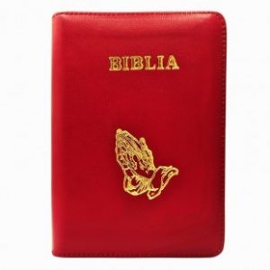 Biblie din piele, marime medie, roșie, simbol maini in rugaciune, fermoar, margini aurii, cuv. lui Isus cu rosu