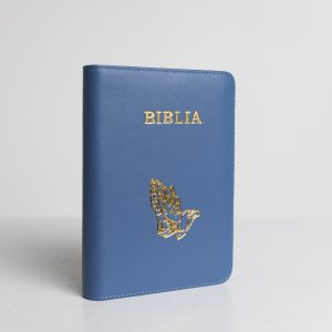 Biblie din piele, marime mare, culoare albastru oțel, fermoar, index, margini arurii, maini in rugaciune, cuv. lui Isus cu rosu
