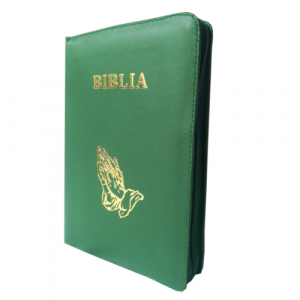 Biblie mare, piele, culoare verde, fermoar, index, margini aurii, simbol maini in ruga, cuv. Isus cu rosu