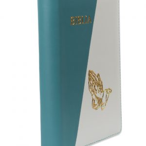 Biblie din piele, marime medie, turcoaz cu alb, fermoar, index, margini aurii, simbol maini in rugaciune, cuv. lui Isus cu rosu
