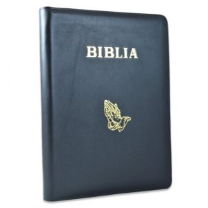 Biblia foarte mare, scris foarte mare, coperta piele, neagră, simbol maini in rugaciune, fermoar, margini albe, cuv. lui Isus cu rosu