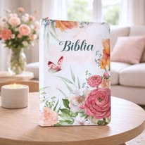 Biblie mare, piele ecologica, model floral roz, fermoar, index, margini aurii, cu cruce, cuv. Isus cu rosu