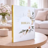 Biblie mare, piele ecologica, model floral alba, fermoar, index, margini aurii, cu cruce, cuv. Isus cu rosu