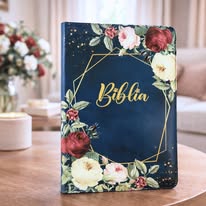 Biblie mare, piele ecologica, model floral bleumarin, fermoar, index, margini aurii, cu cruce, cuv. Isus cu rosu