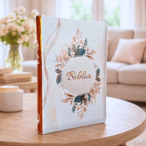 Biblie marime medie, piele ecologică, model floral arămiu, fermoar, index, margini arămii, cuv. lui Isus cu rosu