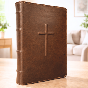 Biblia mare, coperta piele, maro, fermoar, index, aurita, cruce in relief, cuv. lui Isus cu rosu