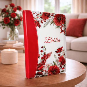 Biblie mare, piele ecologica, model floral rosu, fermoar, index, margini aurii, cu cruce, cuv. Isus cu rosu