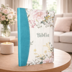 Biblie mare, piele ecologica, model floral turcoaz, fermoar, index, margini aurii, cu cruce, cuv. Isus cu rosu [