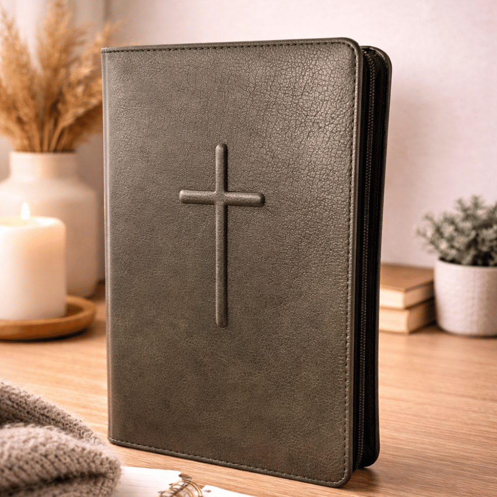 Biblia mare, coperta piele, neagră, fermoar negru, index, aurita, cruce in relief, cuv. lui Isus cu rosu