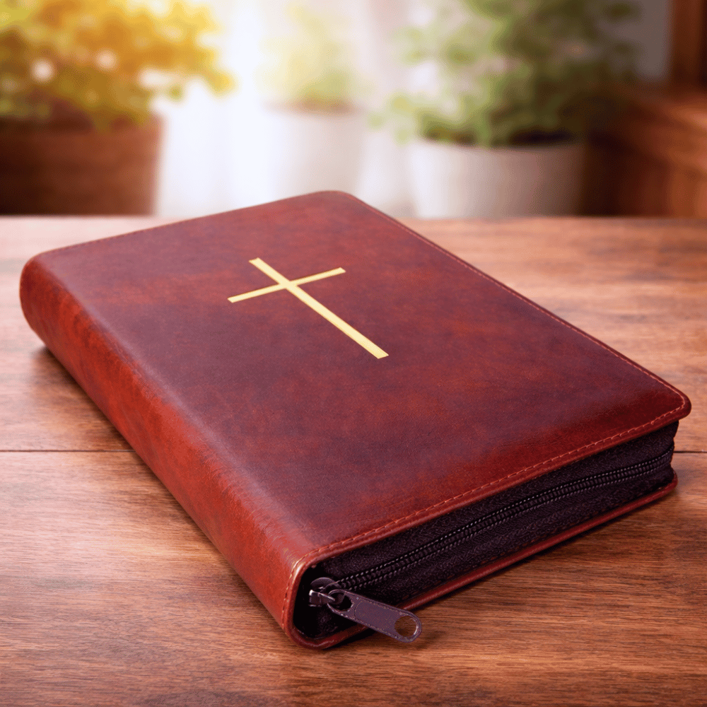 Biblia mare, coperta piele, maro burgundi marmorat, fermoar maro închis, index, aurita, cruce, cuv. lui Isus cu rosu [