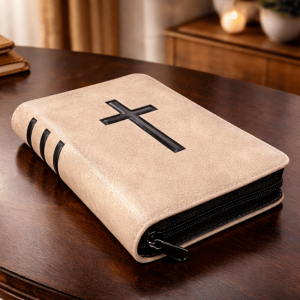 Biblia coperta editie limitata, piele bej-gri, medie, fermoar, index, aurita, cuv. lui Isus cu rosu
