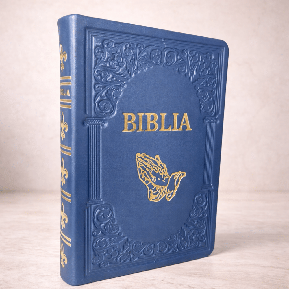 Biblie mare, piele, handmade, bleumarin, simbol mâini în rugăciune, index, margini aurii, cuv. Isus cu rosu