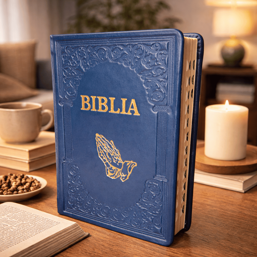 Biblie mare, piele, handmade, bleumarin, simbol mâini în rugăciune, index, margini aurii, cuv. Isus cu rosu - Image 2