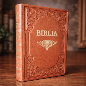 Biblie mare, piele, handmade, maro, simbol mâini în rugăciune, index, margini aurii, cuv. Isus cu rosu