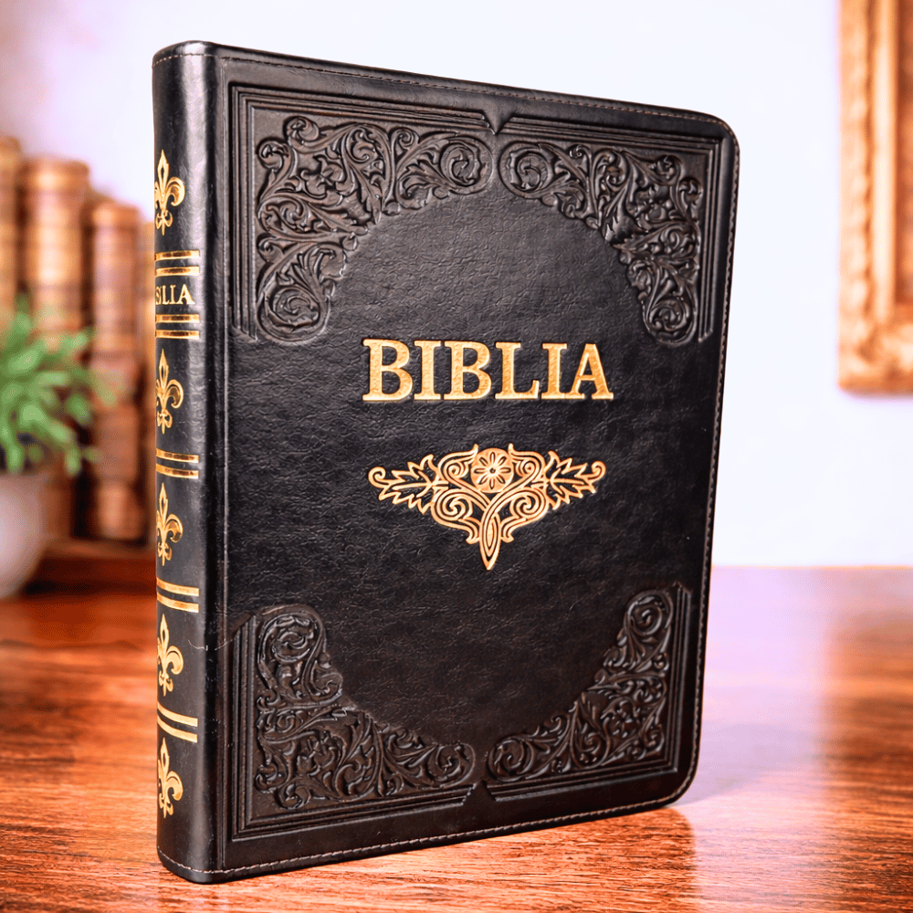 Biblie mare, piele, handmade, neagră, fermoar, index, margini aurii, cuv. Isus cu rosu