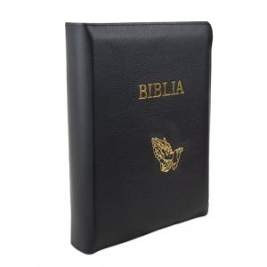 Biblia de studiu inductiv (trad. D. Cornilescu), piele naturala, neagra, fermoar, simbol maini in rugaciune, margini aurii